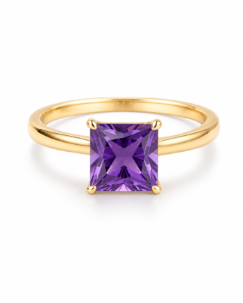 Princess Cut Amethyst 4-Prong Ring in 925 Gold-Coated Silver on a clean white background