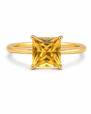 Princess Cut Citrine 4-Prong Ring in 925 Gold-Coated Silver on a clean white background