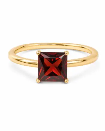 Princess Cut Garnet 4-Prong Ring in 925 Gold-Coated Silver on a clean white background