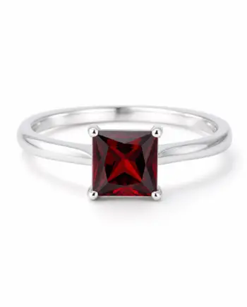 Princess Cut Garnet 4-Prong Ring in 925 Sterling Silver on a clean white background