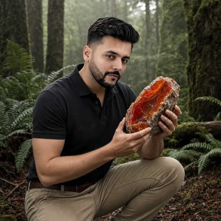 Gemologi founder crouched in a Seattle forest holding a large rough carnelian agate specimen
