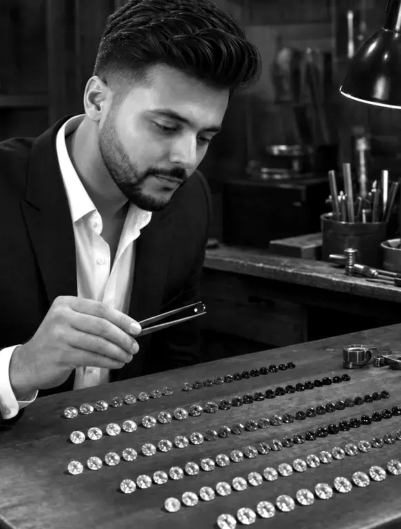 Black and white portrait of the Gemologi founder grading gemstones for natural stone bracelets
