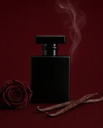 Nebula Rose black perfume bottle with a rose, vanilla pods, and subtle smoke on a burgundy solid studio background