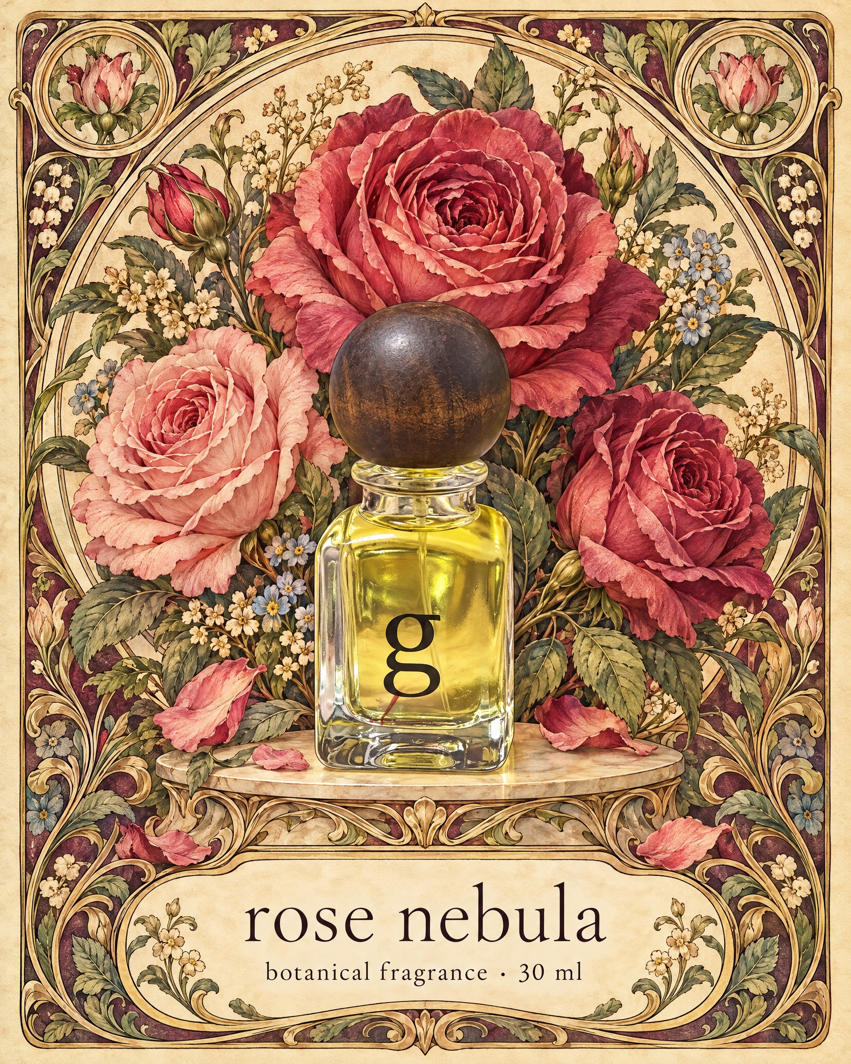Rose Nebula botanical fragrance illustration with the clear square glass bottle, round wooden cap, black g, and rose botanical artwork